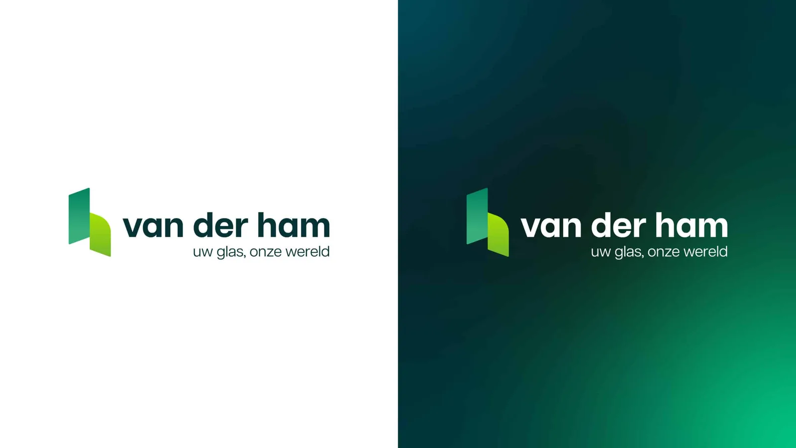 Logo van Van Der Ham Glas, specialist in glasoplossingen. Groen logo met de tekst 'uw glas, onze wereld' op witte en groene achtergrond.