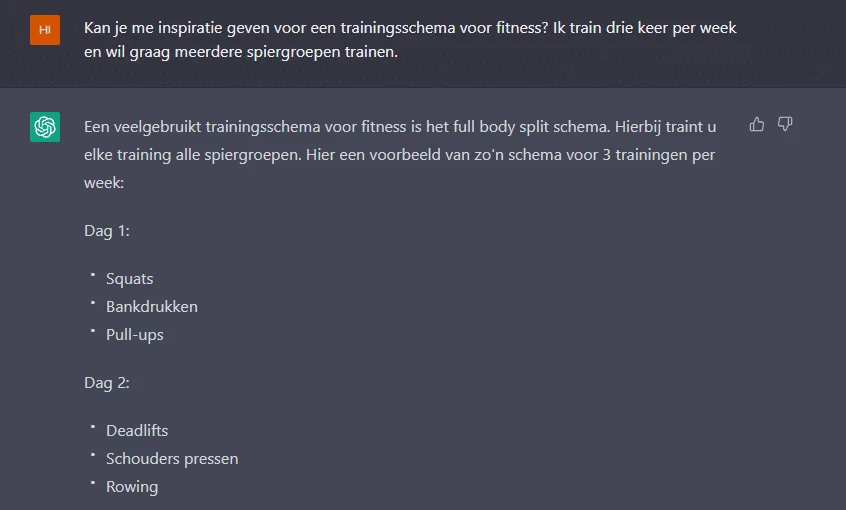 ChatGPT beantwoordt een vraag om een trainingsschema met een full body split per trainingsdag