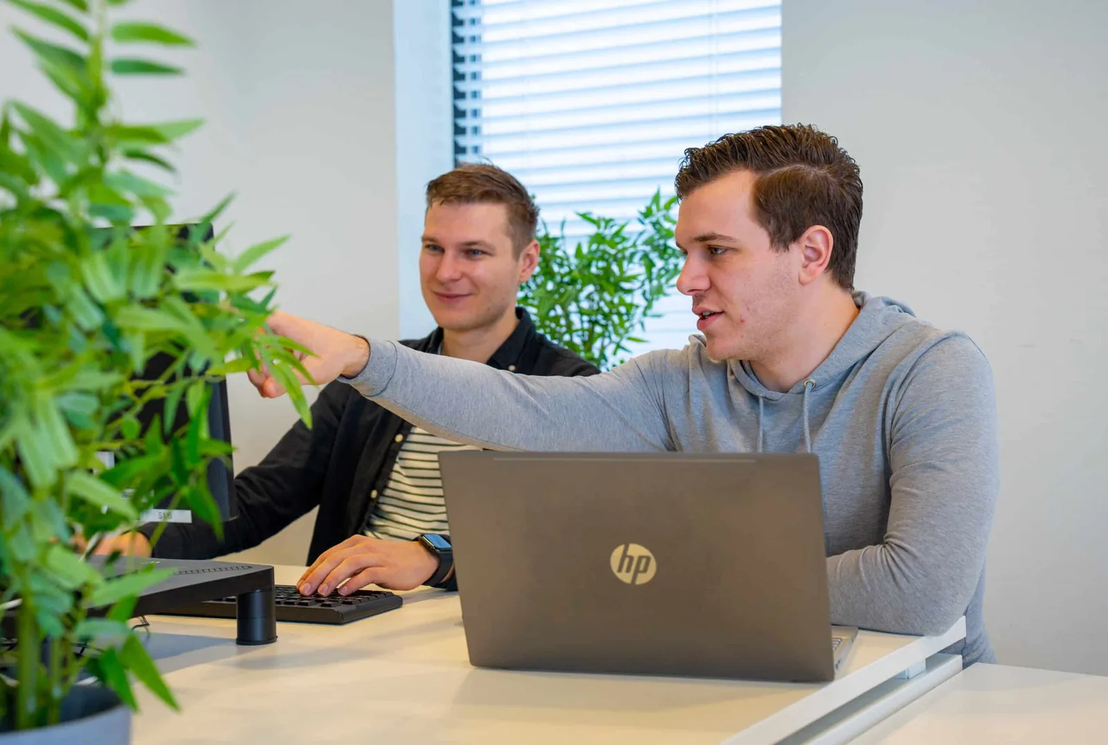Twee collega's werken samen aan de visuele identiteit van een project. Eén wijst naar het scherm, de ander typt op het toetsenbord met een laptop voor zich.