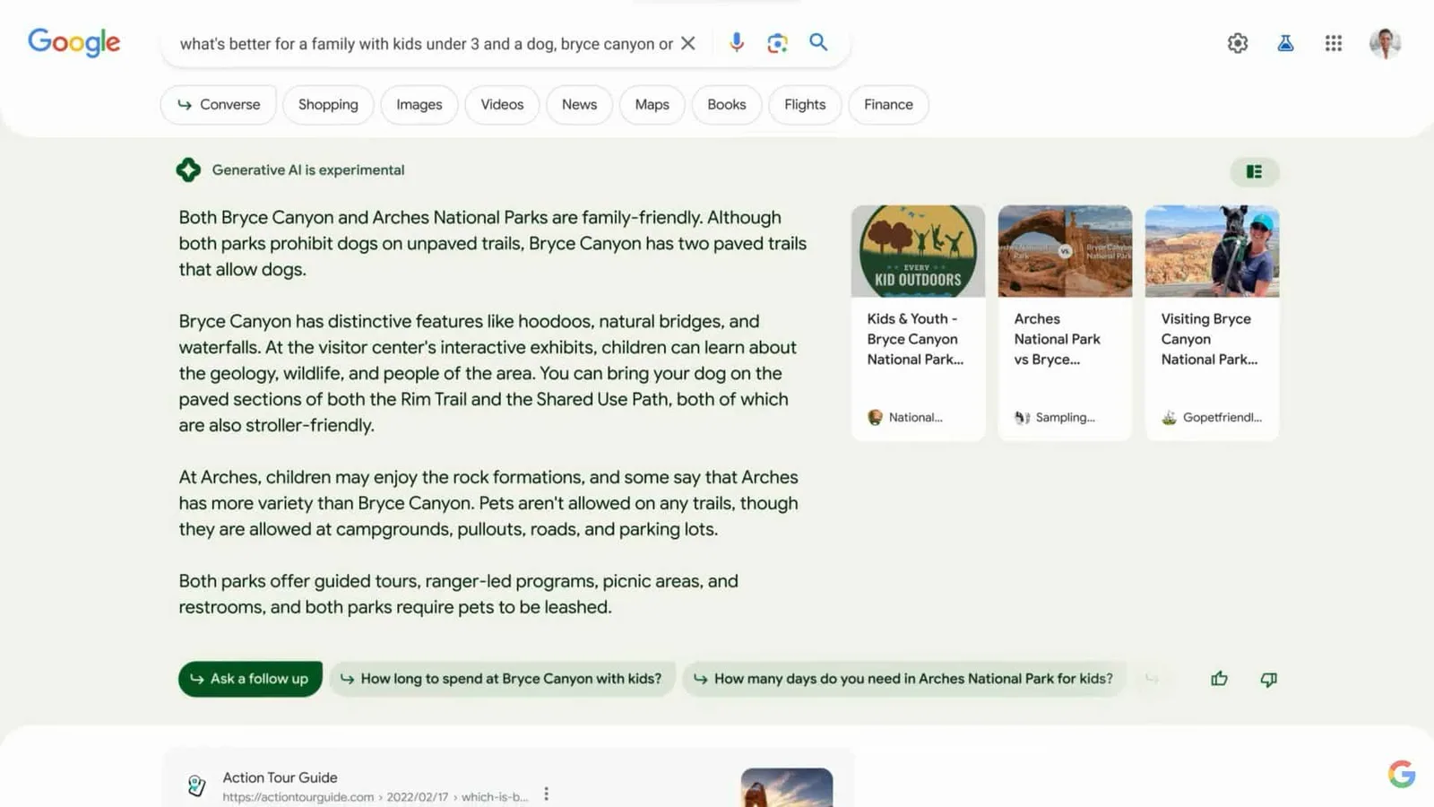 Google toont een AI-samenvatting boven de zoekresultaten, met een antwoord van vier alinea’s en drie bronkaarten ernaast
