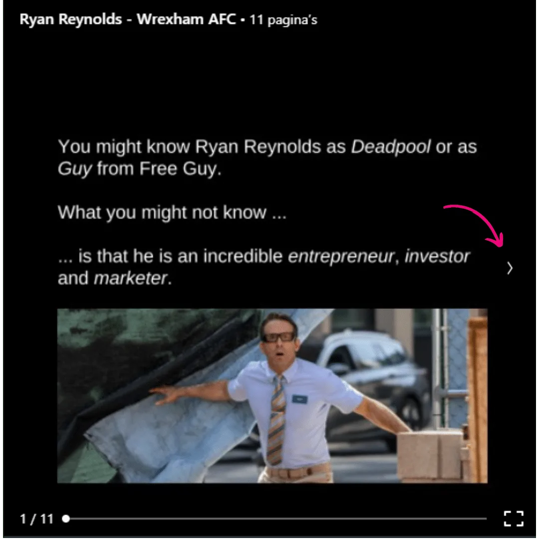 Eerste plaat van een LinkedIn-carrousel van Ryan Reynolds over ondernemen en marketing, 1 van 11