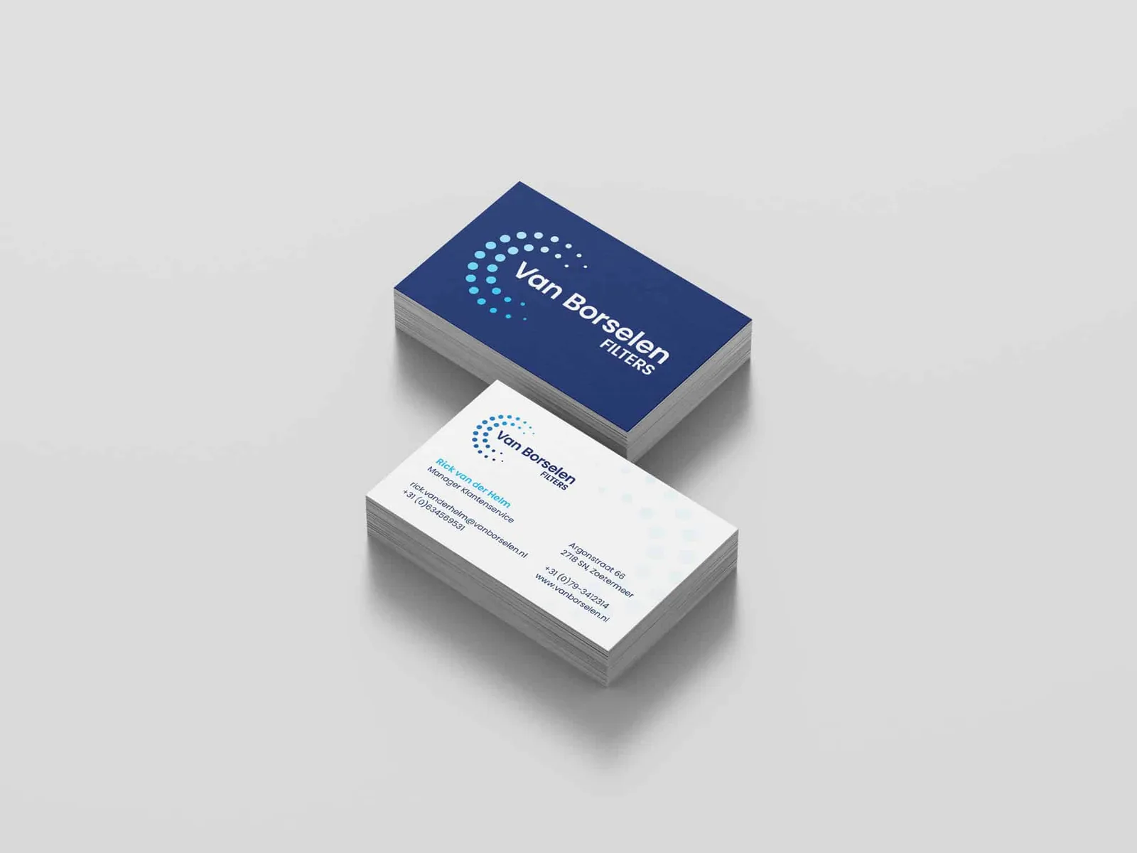 Visitekaartjes van Van Borselen Filters in Zoetermeer, met contactgegevens van Rick van der Helm en website adres van het bedrijf.